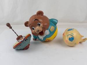 Vintage Fisher-Price Chubby Cub 164 Bear Toy, Fish Rattle & Broken Top Mixed Lot