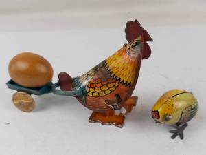 Vintage Tin Litho Mechanical Chicken Toy Set (Lot of 2)