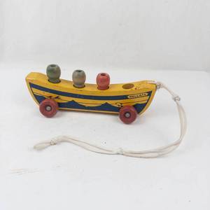 Vintage Holgate Wooden Pull Toy Boat With 4 Peg Sailors