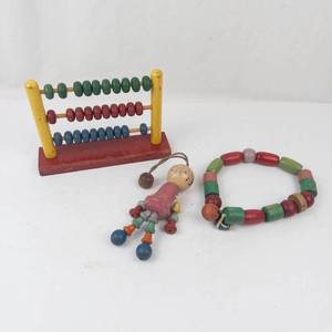 Wooden Toy Abacus, Doll & Beaded Bracelet Mixed Lot