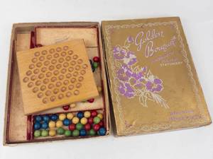 Vintage Wooden Chinese Checkers Board Game With Golden Bouquet Box