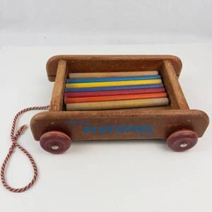Vintage 1950s Playskool Col-O-Rol Wooden Pull Toy Wagon