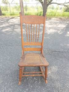 Antique Oak Press-Back Rocking Chair With Cane Seat