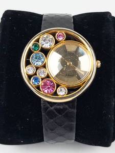 Quartz Fashion Watch With Gemstone Bezel & Leather Strap - New Battery - Running