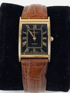 Cassant Quartz Gold-Tone Rectangular Watch With Brown Leather Band - New Battery - Running