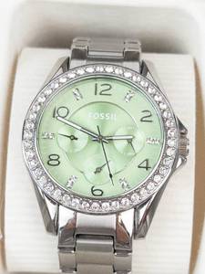 Fossil Crystal-Accented Green Dial Watch With Box - running new battery