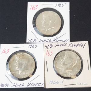 3) 40% silver Kennedy half dollars 1965, 1966, 1967