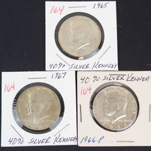 3) 40% silver Kennedy half dollars 1965, 1966, 1967