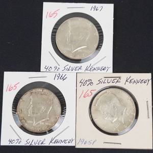 3) 40% silver Kennedy half dollars 1965, 1966, 1967
