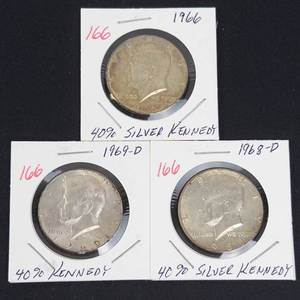 3) 40% silver Kennedy half dollars 1966, 1968-D, 1969-D
