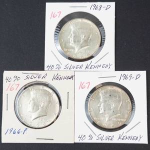 3) 40% silver Kennedy half dollars 1966, 1968-D, 1969-D