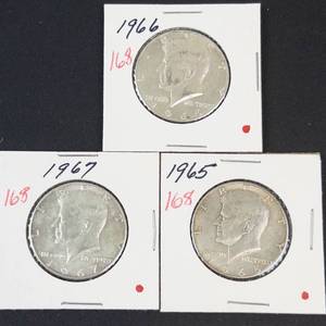 3) 40% silver Kennedy half dollars 1965, 1966, 1967