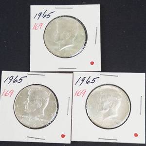 3) 40% silver Kennedy half dollars 1965, 1965, 1965
