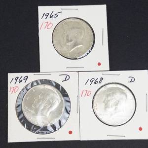 3) 40% silver Kennedy half dollars 1965, 1968-D, 1969-D