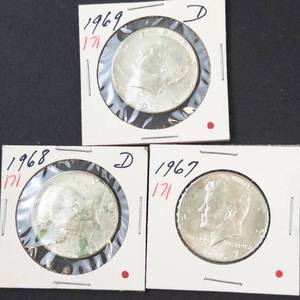3) 40% silver Kennedy half dollars 1967, 1968-D, 1969-D