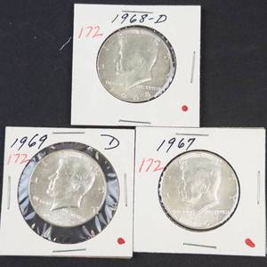 3) 40% silver Kennedy half dollars 1967, 1968-D, 1969-D