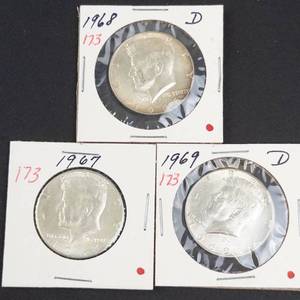 3) 40% silver Kennedy half dollars 1967, 1968-D, 1969-D