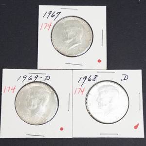 3) 40% silver Kennedy half dollars 1967, 1968-D, 1969-D