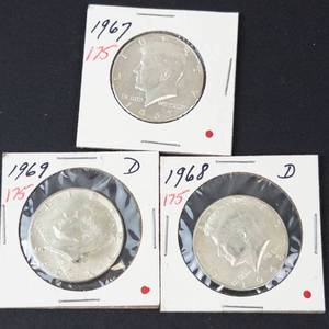 3) 40% silver Kennedy half dollars 1967, 1968-D, 1969-D