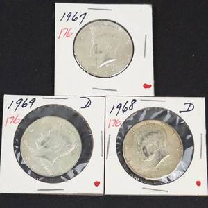 3) 40% silver Kennedy half dollars 1967, 1968-D, 1969-D