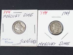 1944, 1945-S micro s with scratches Mercury dimes