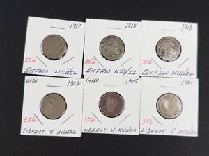 1901, 1905 (pitted), 1906 (worn), 1917, 1918, 1919 nickels