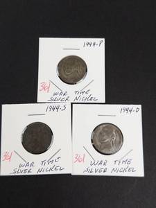 1944 P-D-S silver war nickels