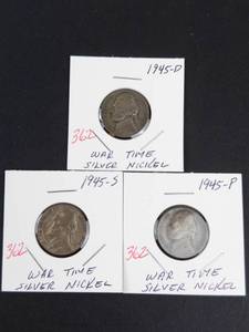1945 P-D-S silver war nickels
