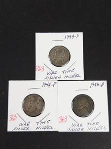 1944 P-D-S silver war nickels