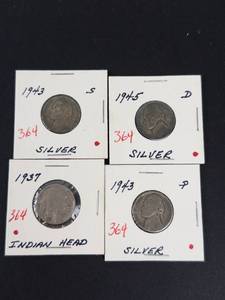 1943-P, 1943-S, 1945-D silver war nickels, 1937 Buffalo nickel