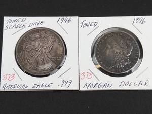 one hundred years of silver dollars 1896 and 1996 silver dollars, toned.  1996 key date