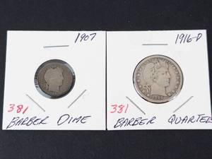 1916-D Barber quarter, 1907 Barber dime