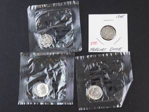 3 Littleton packaged silver dimes 1942, 1963-D, 1963-D plus1945 Mercury dime