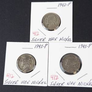 1942-P, 1943-P, 1943-P silver war nickels