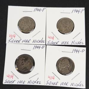 1944-P, 1944-P, 1944-D, 1944-D silver war nickels
