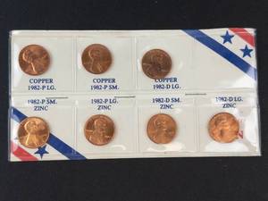 1) set of 7, 1982 cents.  an uncirculated example of each variety. Copper and Zinc