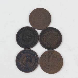 1 bag of 5 low grade 2 cent pieces