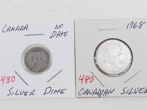 Canadian silver 1968 quarter and vintage no date silver dime