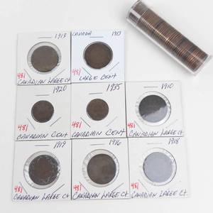 6 Canadian large cents 1910 thru 1919 plus 1920, 1935 and 1 roll of 50 mixed dates