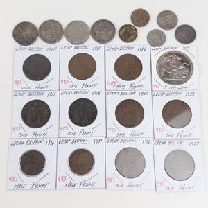 11) different Great Britian coppers 1916 thru 1946 plus 1951 5 Shilling and 9 others