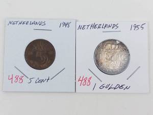 Netherlands 1955 1 Gulden silver plus 1948 5 cent