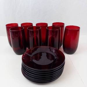 Vintage Anchor Hocking Royal Ruby Red Tumblers and Plates