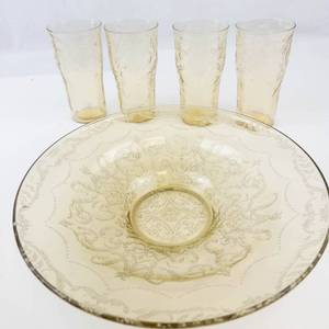 Vintage Federal Glass Madrid Amber Bowl & 4 Tumblers Mixed Lot