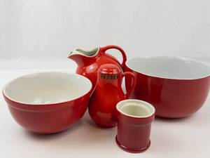 Vintage Hall Pottery Red & White Kitchen Set (Lot of 5)