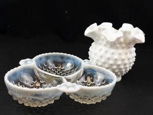 Milk Glass Hobnail Relish Dish & Vase