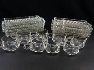 Clear Pressed Glass Tray and Cup Set (8 Trays, 8 Cups)