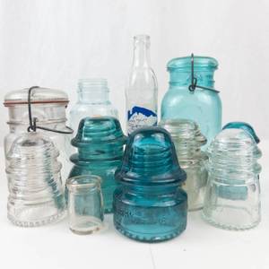 Vintage Blue & Clear Glass Insulators, Bottles & Ball Mason Jar Mixed Lot (Lot of 10)