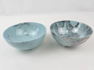 Vintage Sascha Brastoff Surf Ballet Footed Bowls Pair Aqua Blue & Silver