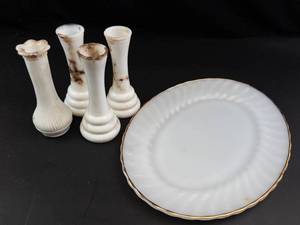 Anchor Hocking Milk Glass Platter & 4 Bud Vases