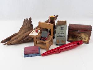 Mixed Lot Antique Miniatures, Driftwood & Vintage Tin
